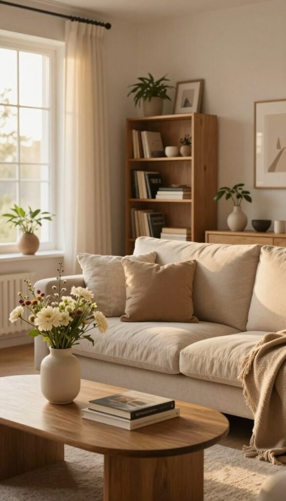 A cozy living room decorated with natural elements, featuring a comfortable sofa with soft cushions in warm neutral tones. In the foreground, a chic coffee table holds a stylish vase with fresh flowers and a few books, creating an inviting atmosphere. The middle ground showcases a well-organized bookshelf with a mix of decorative objects and plants, enhancing the room's aesthetic. In the background, a large window lets in soft, golden afternoon light, illuminating the space with a warm glow. The overall mood conveys a sense of warmth and accessibility, embodying a Pinterest-worthy look. Include subtle branding elements suggesting "WohnKiste" in the decor style, while ensuring the composition remains visually harmonious and free from text overlays.