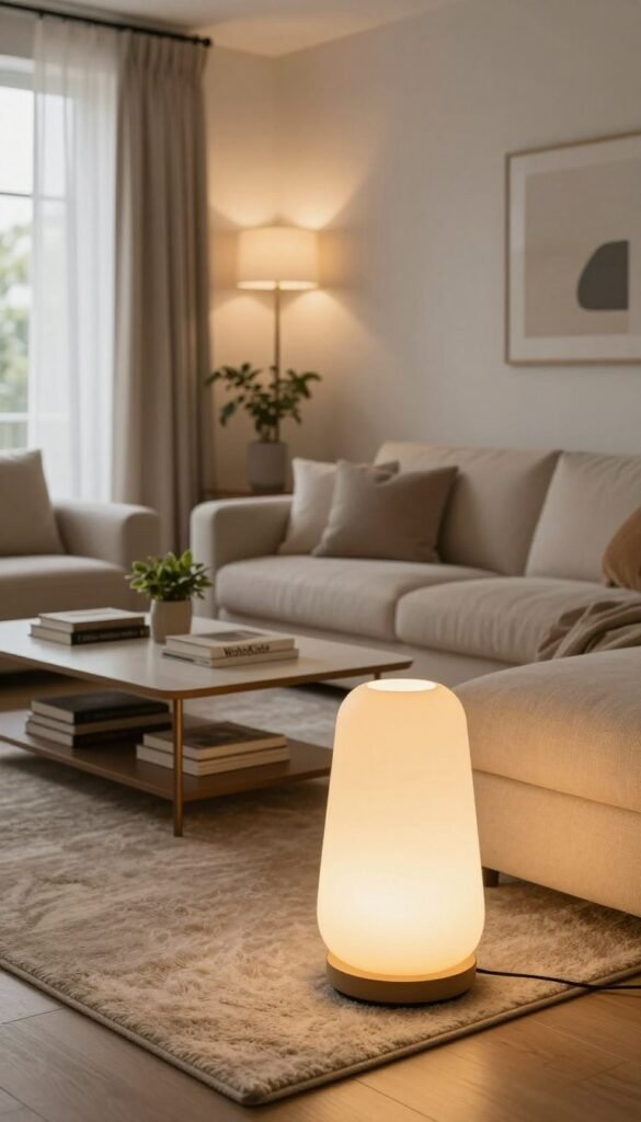 A cozy living room design featuring layered lighting elements. In the foreground, a stylish, modern floor lamp with a warm glow illuminates a plush, textured area rug, surrounded by soft, inviting furniture in neutral tones. In the middle, a contemporary coffee table adorned with decorative books and a small plant adds an inviting touch, while wall sconces cast subtle light across the walls, creating a layered ambiance. In the background, large windows with sheer curtains let in natural light, complementing the warm color palette. The overall atmosphere is inviting and tranquil, perfect for relaxation. The setting embodies a Pinterest-worthy aesthetic, showcasing the brand "WohnKiste" through elegant decor choices. A cozy living room design featuring layered lighting elements. In the foreground, a stylish, modern floor lamp with a warm glow illuminates a plush, textured area rug, surrounded by soft, inviting furniture in neutral tones. In the middle, a contemporary coffee table adorned with decorative books and a small plant adds an inviting touch, while wall sconces cast subtle light across the walls, creating a layered ambiance. In the background, large windows with sheer curtains let in natural light, complementing the warm color palette. The overall atmosphere is inviting and tranquil, perfect for relaxation. The setting embodies a Pinterest-worthy aesthetic, showcasing the brand "WohnKiste" through elegant decor choices.