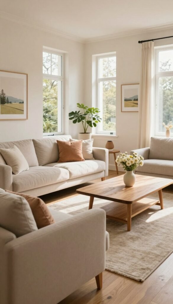 A cozy living room designed by WohnKiste, featuring a harmonious blend of warm colors and natural materials. In the foreground, a plush, light beige sofa adorned with soft, pastel cushions creates an inviting area. The middle ground highlights a stylish wooden coffee table, topped with a simple vase of fresh flowers, and a soft area rug that enhances the comfort. The background showcases large, airy windows that allow natural light to flood the room, casting gentle shadows that add depth. The walls are painted in a soft cream hue, complemented by framed art pieces that reflect serene landscapes. The overall atmosphere is tranquil and inviting, perfect for relaxation and conversation, embodying a clear ambiance through color, material, and light.