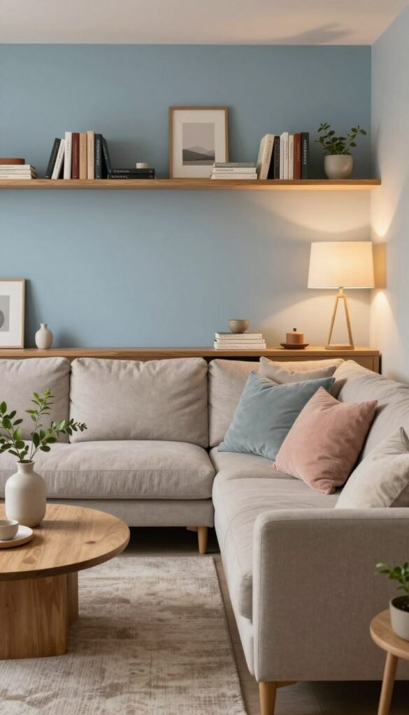 A cozy living room designed by WohnKiste, featuring a harmonious color palette that evokes tranquility. In the foreground, a plush, neutral-toned sofa adorned with soft, pastel accent pillows invites relaxation. To the left, a stylish coffee table showcases natural decor elements like a simple vase with fresh greenery. The middle layer reveals a soothing wall painted in a soft, muted blue, complemented by ambient lighting that casts a warm glow throughout the space. In the background, a shelf filled with carefully curated books and minimalistic decor pieces maintains an uncluttered, serene atmosphere. The scene captures a Pinterest-worthy aesthetic, emphasizing a blend of warm tones and authenticity, all under soft, diffused daylight for a calming mood.