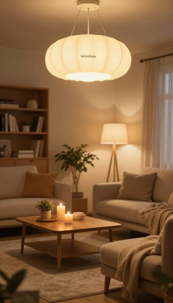 A cozy living room designed for everyday use, showcasing multiple warm light sources instead of a harsh ceiling lamp. In the foreground, a stylish floor lamp with a soft glow illuminates a comfortable sofa adorned with textured cushions. The middle ground features a coffee table with an inviting arrangement of candles and a small potted plant, all bathed in warm light. The background includes a softly lit bookshelf filled with books and personal items, enhancing the inviting atmosphere. The lighting should create a harmonious blend of shadows and highlights, evoking relaxation and warmth, reminiscent of Pinterest aesthetics. The scene embodies the brand "WohnKiste" through a natural, authentic representation without any text or branding in the image.