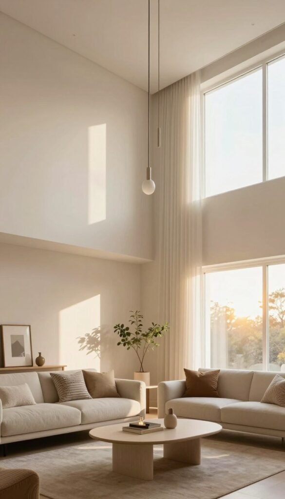 A cozy living room designed to create the illusion of higher ceilings, featuring light, neutral-colored walls that reflect natural light. In the foreground, a tastefully arranged minimalistic furniture setup, such as a sleek sofa with decorative cushions and a stylish coffee table, invites relaxation. The middle ground showcases an elegantly designed ceiling with vertical lines and strategic lighting fixtures that draw the eye upward, enhancing the sense of height. In the background, large windows allow warm sunlight to flood the room, while gently hanging sheer curtains soften the light, creating a serene ambiance. The overall atmosphere should feel welcoming and airy, embodying a Pinterest-inspired aesthetic. Incorporate subtle brand elements of "Wohnkiste" in a tasteful manner.