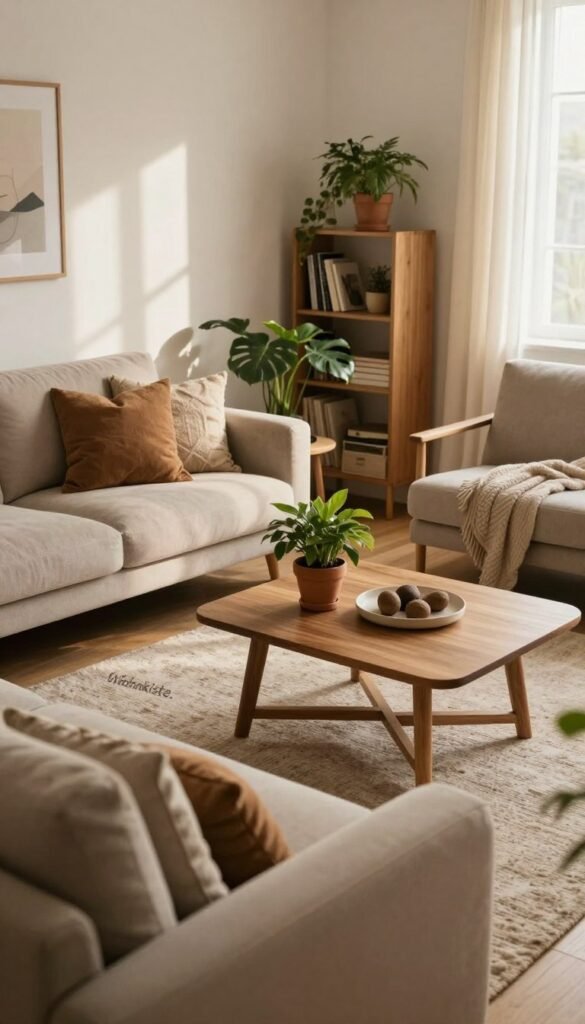 A cozy living room designed to emit warmth and comfort, showcasing a blend of natural materials and soft furnishings. The foreground features a plush, inviting sofa adorned with textured throw pillows in earthy hues. A wooden coffee table sits atop a textured area rug, surrounded by potted plants that add a touch of greenery. In the middle ground, a stylish armchair complements the sofa, alongside a small bookshelf filled with well-curated decor. The background displays soft-lit window curtains that diffuse sunlight, creating gentle shadows. The color palette emphasizes warm, inviting tones such as beige, soft browns, and muted greens. Capture the scene from a slightly elevated angle, with a shallow depth of field that brings focus to the living space. It embodies a Pinterest aesthetic, reflecting an authentic and inviting atmosphere that feels both expansive and intimate. Include subtle branding elements that suggest "Wohnkiste."