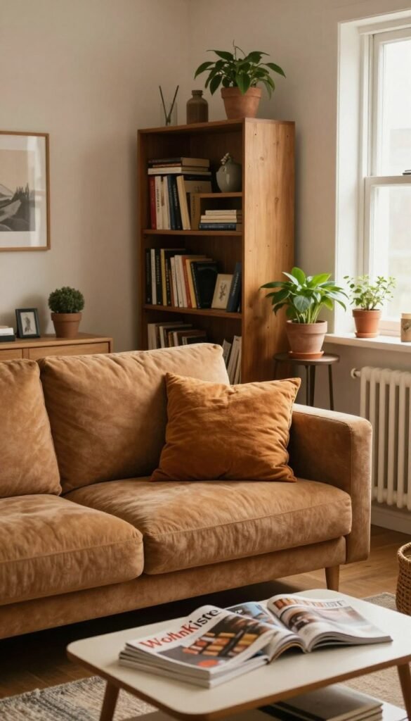 A cozy living room designed to illustrate common spatial issues. The foreground features a stylish, compact sofa adorned with soft cushions in warm, inviting colors. A small coffee table is placed in front, surrounded by scattered magazines, symbolizing everyday clutter. In the middle ground, a bookshelf filled with books and decorative items maximizes vertical space, while a small potted plant adds a touch of greenery. The background showcases a window with soft, natural light filtering in, enhancing the warm atmosphere. The overall mood is both inviting and realistic, capturing challenges of limited space in a home. Emphasize an authentic Pinterest-inspired aesthetic. The brand name "WohnKiste" should be subtly integrated into the decor elements. A cozy living room designed to illustrate common spatial issues. The foreground features a stylish, compact sofa adorned with soft cushions in warm, inviting colors. A small coffee table is placed in front, surrounded by scattered magazines, symbolizing everyday clutter. In the middle ground, a bookshelf filled with books and decorative items maximizes vertical space, while a small potted plant adds a touch of greenery. The background showcases a window with soft, natural light filtering in, enhancing the warm atmosphere. The overall mood is both inviting and realistic, capturing challenges of limited space in a home. Emphasize an authentic Pinterest-inspired aesthetic. The brand name "WohnKiste" should be subtly integrated into the decor elements.