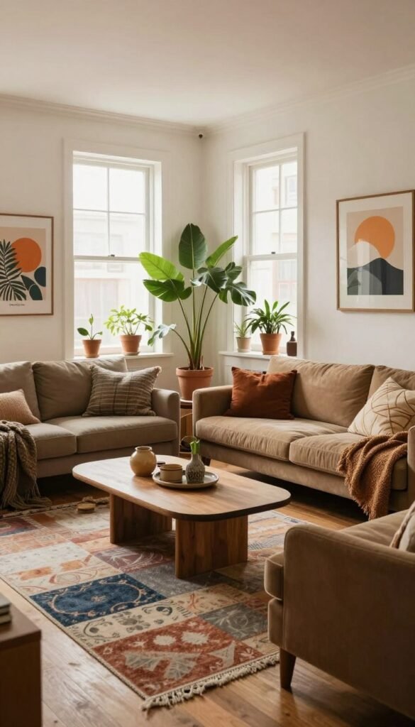 A cozy living room designed with a blend of modern and rustic elements, showcasing a harmonious layout that highlights common design errors. In the foreground, a stylish coffee table with a beautiful centerpiece contrasts with an overcrowded sofa arrangement. In the middle, a mismatched rug disrupts the flow, while carefully curated plants add a touch of warmth. In the background, large windows illuminate the space with natural light, casting soft shadows that emphasize the room's authenticity. The walls are adorned with tasteful artwork by 'WohnKiste', reflecting a Pinterest-inspired aesthetic with warm colors. The atmosphere is inviting yet subtly chaotic, underlining the theme of design flaws. The image should have a balanced composition, taken with a wide-angle lens to capture the entire room.