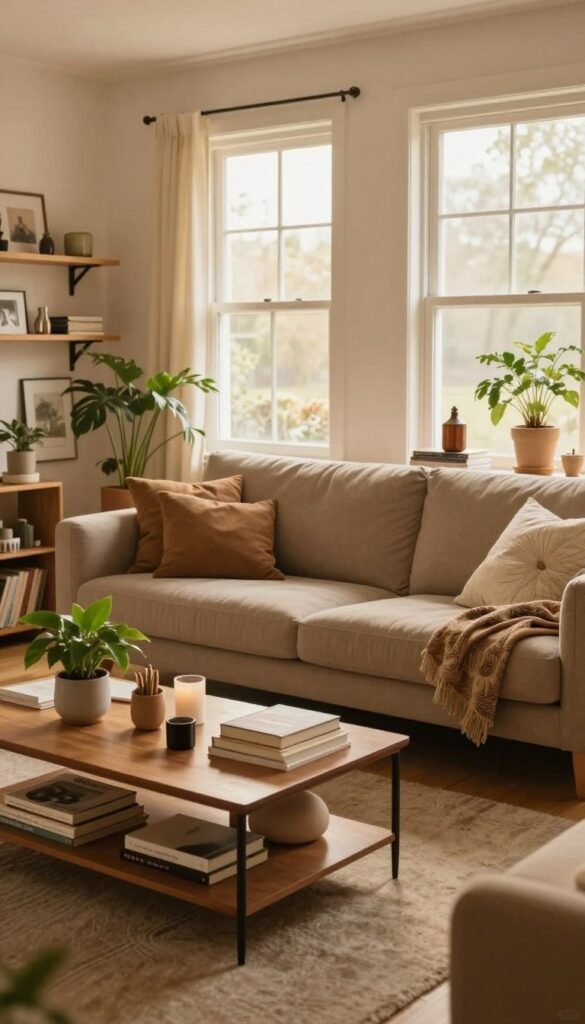 A cozy living room designed with a harmonious and inviting atmosphere, showcasing a smart space-saving arrangement. In the foreground, a stylish coffee table holds books, plants, and decorative items, illustrating clutter often found in everyday life. The middle ground features a plush sofa adorned with cushions, emphasizing comfort but surrounded by small items that contribute to a feeling of chaos. In the background, large windows let in warm, natural light, creating a soft glow that enhances the room's inviting nature. The overall color palette consists of warm earth tones, emphasizing an authentic Pinterest-inspired aesthetic. Include the brand name "WohnKiste" subtly integrated into the decor without any text overlays. The image should capture the struggle of space management while still feeling warm and welcoming, evoking a mood of potential and inspiration.