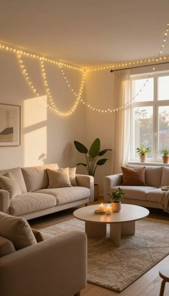 A cozy living room designed with a warm, inviting atmosphere, featuring elegant light chains (lichterketten) draped gracefully across the walls and ceiling. The foreground includes a plush, minimalist sofa adorned with soft, neutral-toned cushions. In the middle, a stylish coffee table sits atop a textured rug, surrounded by tasteful decor like candles and small potted plants. The background showcases gently glowing light chains, creating a soft, ambient glow that enhances the room’s warmth. The lighting is soft and natural, reminiscent of late afternoon sun, striking from a large window. The scene reflects a Pinterest-inspired aesthetic, emphasizing authenticity and simplicity, with no text or watermarks in the image. Incorporate elements that suggest a brand association with "WohnKiste," showcasing modern yet inviting decor.