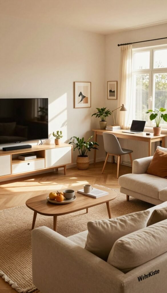 A cozy living room designed with everyday practicality in mind, featuring warm natural colors and a Pinterest-inspired aesthetic. In the foreground, a comfortable seating area with a plush sofa adorned with soft cushions, a stylish coffee table, and a woven rug enhances the inviting atmosphere. The middle ground showcases a well-organized entertainment zone with a sleek media unit and tasteful decor, while a small workspace with a desk and a chair occupies a functional nook. The background includes large windows allowing warm sunlight to flood the space, illuminating houseplants and framed art on the walls. The overall mood is relaxed and inviting, emphasizing the importance of planning for daily needs. The brand name "WohnKiste" subtly integrated into the decor enhances the authentic look, creating a harmonious blend of style and functionality.