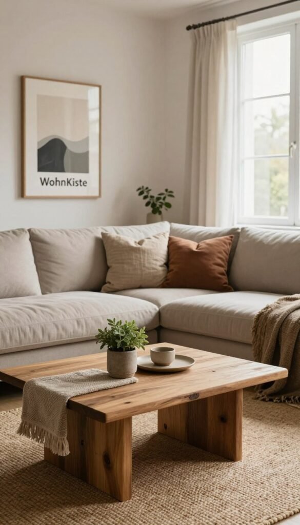 A cozy living room embodying a natural and modern aesthetic, featuring a blend of earthy tones and warm colors. In the foreground, a stylish, minimalist coffee table made of reclaimed wood with a few tasteful decorative items such as a small potted plant and a textured fabric throw. In the middle, a comfortable couch dressed in soft, neutral fabrics, adorned with decorative cushions in muted tones. A striking wall art piece from the brand "WohnKiste" adds character. The background reveals a large window allowing natural light to flood the space, with sheer curtains gently flowing. The floor is adorned with a woven rug, enhancing the warmth. The overall atmosphere is inviting and harmonious, perfect for conveying a natural modern look.
