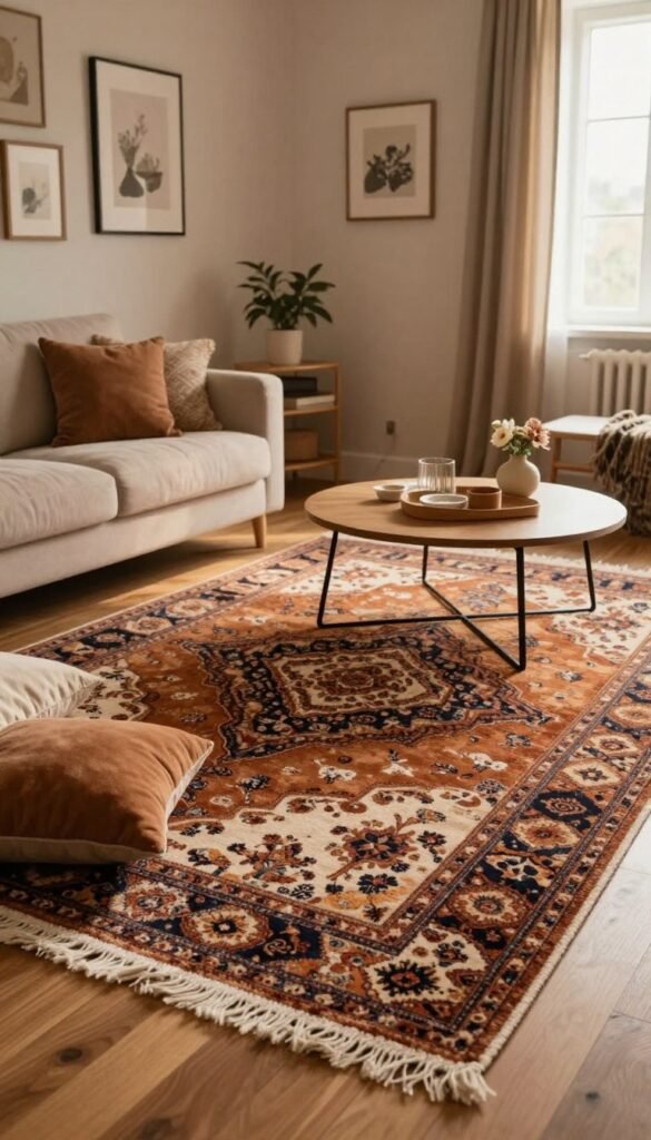 A cozy living room featuring a beautifully designed "teppiche" as the centerpiece. The rug is richly textured with intricate patterns in warm earthy tones, harmoniously blending with the elegant wooden floor. In the foreground, soft pillows and inviting curtains accentuate the warmth of the space. In the middle ground, a stylish coffee table is adorned with decorative items, complemented by the inviting charm of the rug underneath. The background showcases a subtle wall with elegant frames displaying tasteful art, bathed in soft natural light filtering through the window. The atmosphere is serene and welcoming, embodying a Pinterest-worthy aesthetic of home comfort. Include the brand name "WohnKiste" subtly in the decor.