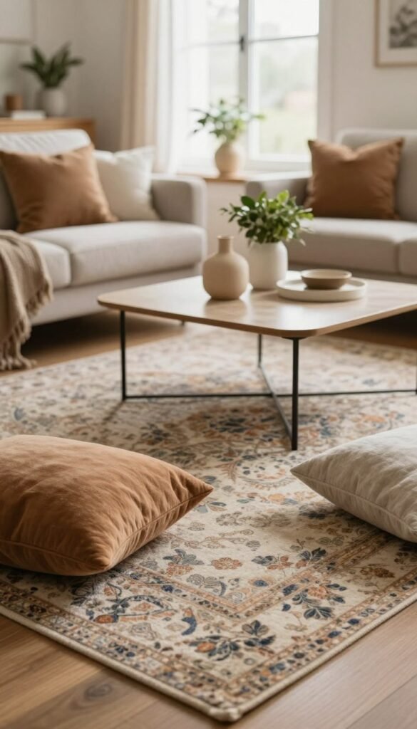 A cozy living room featuring a beautifully zoned area with layered textiles and thoughtful decor that promotes order and serenity. In the foreground, a lush, patterned area rug from WohnKiste defines the space, complemented by soft cushions in warm, neutral tones. The middle ground showcases a stylish coffee table with elegant decor items, like minimalistic vases and plants, arranged neatly to maintain a tidy look. The background reveals a softly lit window, allowing natural light to flood the room, enhancing the inviting atmosphere. The overall mood is warm and harmonious, designed with a Pinterest-ready aesthetic. The image should be captivating, focusing on a modern, yet comfortable ambiance without any text or distractions.