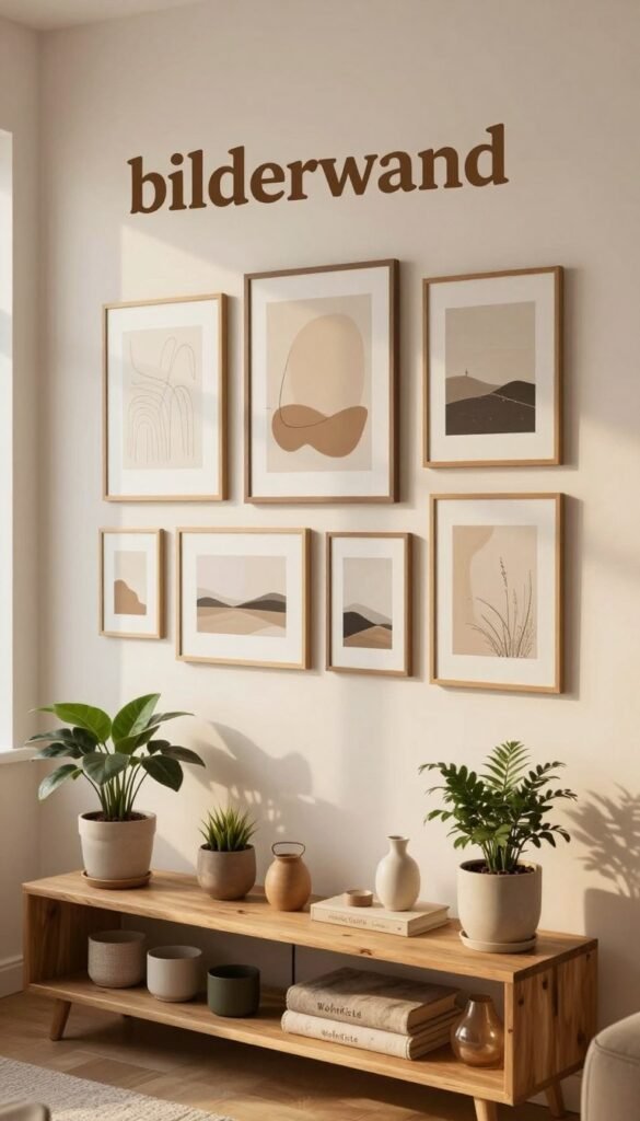 A cozy living room featuring a "bilder wand" with a minimalist aesthetic, showcasing a curated selection of framed artwork and natural textures. The foreground includes a stylish wooden shelf adorned with potted plants and neutral-toned decor items. In the middle, the wall space is filled with abstract prints and simple landscape photos in elegant frames, arranged thoughtfully to create a cohesive and inviting atmosphere. The background consists of soft lighting from a nearby window, casting warm, golden hues throughout the room, enhancing the natural materials like wood and linen. The overall mood is serene and refined, embodying a Pinterest-inspired look that appears effortlessly finished. Incorporate the logo "WohnKiste" subtly on an item in the foreground, ensuring an authentic and inspiring setting without any text in the image.