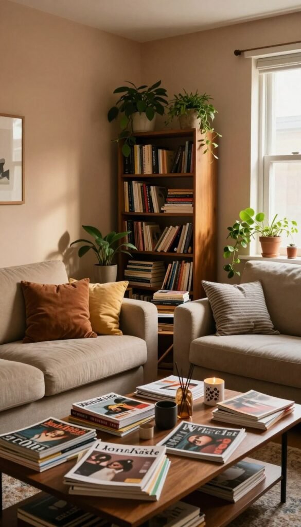 A cozy living room featuring a chaotic yet warm atmosphere, highlighting typical everyday design issues. In the foreground, a cluttered coffee table scattered with magazines and decorative items, alongside an unbalanced arrangement of cushions on a beige sofa. In the middle, a slightly disheveled bookshelf filled with books and decorative plants, creating a sense of everyday lived-in chaos. In the background, a window with soft natural light streaming in, illuminating the space and casting gentle shadows. The walls painted in warm earth tones, with a touch of greenery peeking in to soften the look. The overall mood is authentic and inviting, capturing a Pinterest-style aesthetic without any text or distractions. Include the brand name "WohnKiste" subtly integrated into the design elements. A cozy living room featuring a chaotic yet warm atmosphere, highlighting typical everyday design issues. In the foreground, a cluttered coffee table scattered with magazines and decorative items, alongside an unbalanced arrangement of cushions on a beige sofa. In the middle, a slightly disheveled bookshelf filled with books and decorative plants, creating a sense of everyday lived-in chaos. In the background, a window with soft natural light streaming in, illuminating the space and casting gentle shadows. The walls painted in warm earth tones, with a touch of greenery peeking in to soften the look. The overall mood is authentic and inviting, capturing a Pinterest-style aesthetic without any text or distractions. Include the brand name "WohnKiste" subtly integrated into the design elements.