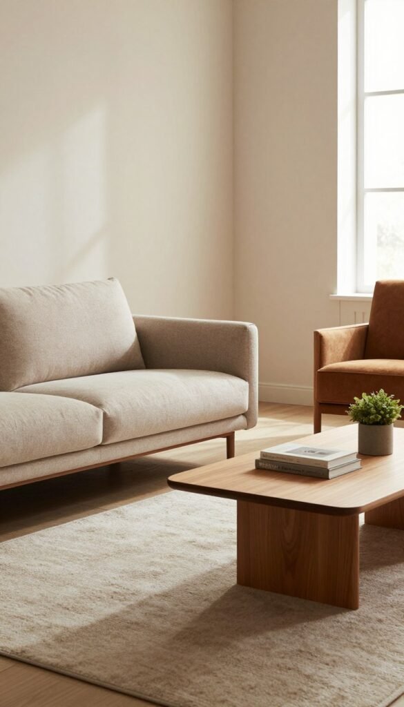 A cozy living room featuring a minimalist design with a stylish sofa and an elegant armchair, both in warm, inviting tones. The sofa showcases a blend of soft textiles and sleek lines, while the armchair complements it with a contemporary design. The foreground highlights a plush area rug beneath, enhancing comfort. In the middle ground, a sleek wooden coffee table rests between the seating, adorned with a couple of decorative books and a small potted plant for a touch of greenery. The background presents large windows allowing soft, natural light to flood the space, casting gentle shadows that enhance the atmosphere. The walls are adorned in neutral tones, reflecting a Pinterest-inspired aesthetic that emphasizes serenity and simplicity. The image represents a balanced composition of “WohnKiste” furniture, focused on creating a calm, inviting environment.
