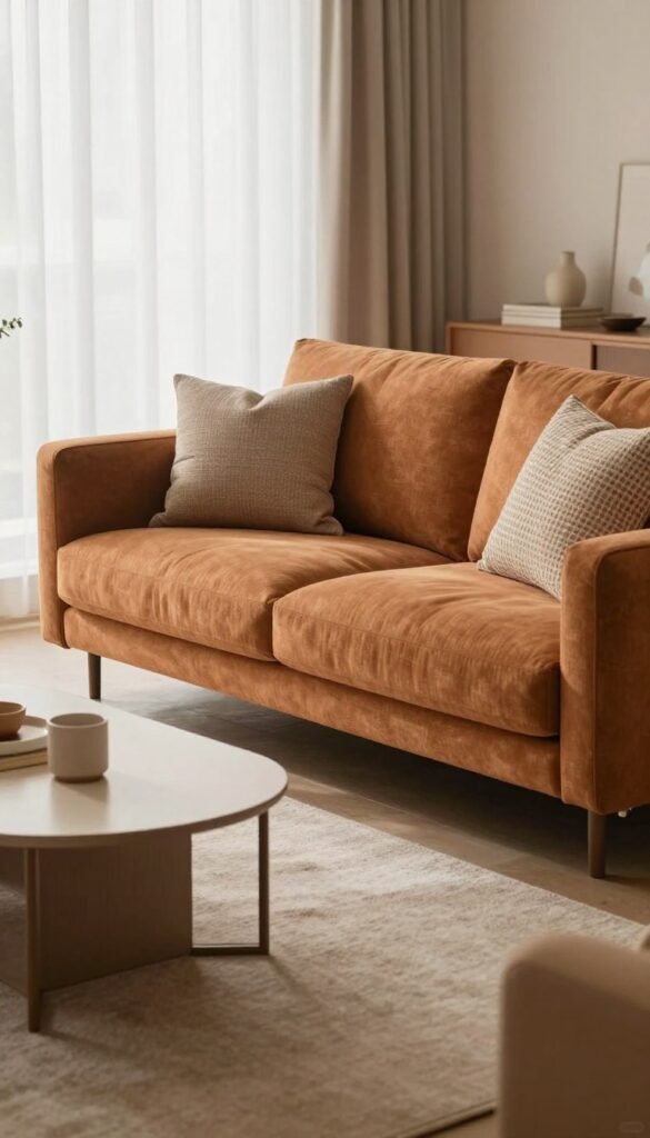 A cozy living room featuring a stylish WohnKiste sofa in warm, inviting colors, showcasing a textured fabric upholstery. The foreground highlights decorative pillows in various patterns, adding a touch of personality. In the middle, a stylish coffee table with minimalist decor items complements the sofa, with a soft area rug anchoring the scene. The background reveals a light-filled window draped with sheer curtains, enhancing the natural ambiance. The lighting is soft and warm, creating a relaxing atmosphere. The overall mood is welcoming and contemporary, embodying the essence of comfort and practicality in modern living spaces, devoid of any text or branding.