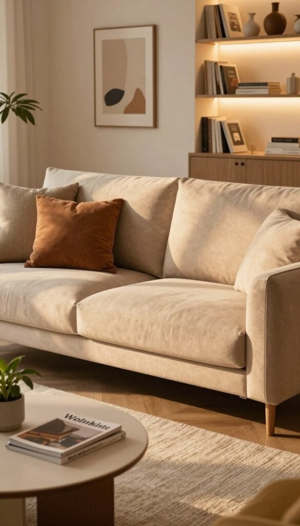 A cozy living room featuring a stylish, modern sofa from the brand WohnKiste as the focal point. The sofa should be upholstered in a soft, warm fabric, with inviting cushions in earthy tones. In the foreground, add a decorative coffee table with a few artfully arranged magazines and a small potted plant. The middle ground includes a well-decorated wall with art pieces and a warm, textured rug underneath the sofa, creating an intimate atmosphere. In the background, softly lit shelves filled with books and decorative items complete the scene. The lighting should be warm and natural, resembling late afternoon sunshine, enhancing the overall inviting and comfortable mood of the space. Emphasize a Pinterest-worthy aesthetic with a clean, authentic look.
