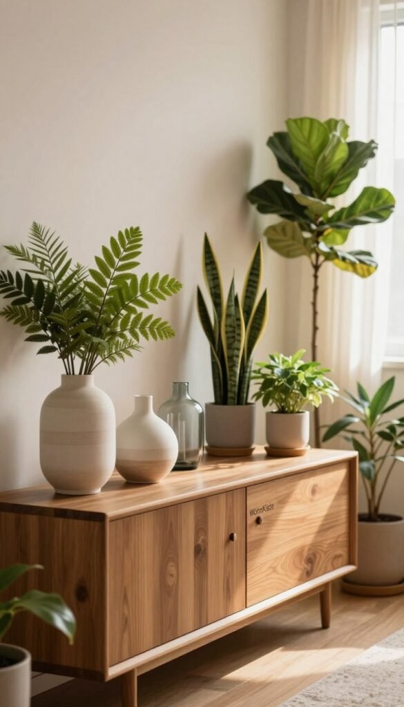 A cozy living room featuring a stylish sideboard from "WohnKiste" adorned with elegant vases and vibrant indoor plants. In the foreground, a modern, minimalist sideboard in a warm wood finish showcases decorative ceramic and glass vases filled with lush green foliage, creating a tranquil and inviting atmosphere. The middle ground includes various potted plants, like snake plants and fiddle leaf figs, positioned artfully on the sideboard, enhancing the natural vibe. The background sets a soft-focus on a light, airy window with sheer curtains allowing warm, diffused sunlight to fill the space, giving a Pinterest-inspired aesthetic. The image should evoke a sense of calm and harmony, perfect for inspiring a living room makeover. A cozy living room featuring a stylish sideboard from "WohnKiste" adorned with elegant vases and vibrant indoor plants. In the foreground, a modern, minimalist sideboard in a warm wood finish showcases decorative ceramic and glass vases filled with lush green foliage, creating a tranquil and inviting atmosphere. The middle ground includes various potted plants, like snake plants and fiddle leaf figs, positioned artfully on the sideboard, enhancing the natural vibe. The background sets a soft-focus on a light, airy window with sheer curtains allowing warm, diffused sunlight to fill the space, giving a Pinterest-inspired aesthetic. The image should evoke a sense of calm and harmony, perfect for inspiring a living room makeover.