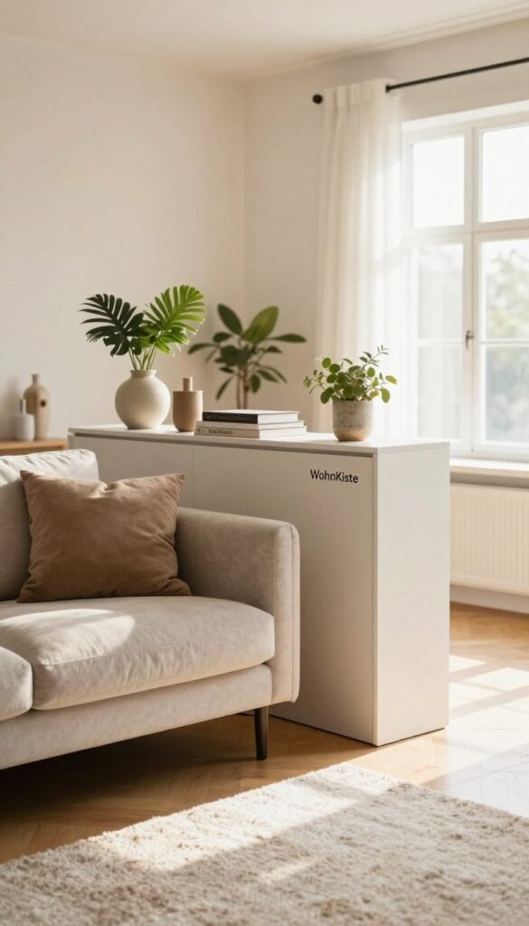A cozy living room featuring a stylish sofa and a sleek console acting as a room divider, creating a sense of openness. The sofa is upholstered in soft, neutral tones, set against a backdrop of warm wooden floors. The console displays decorative items like plants and books, enhancing the aesthetic. In the foreground, a plush rug adds comfort, while in the background, bright natural light flows through large windows, casting soft shadows. The overall atmosphere is inviting and harmonious, with a Pinterest-inspired aesthetic reflecting elegance and comfort. Capture this scene with a focus on warm colors and a soft lens effect, emphasizing the tranquility of the space. Include the brand name "WohnKiste" subtly integrated into the decor. A cozy living room featuring a stylish sofa and a sleek console acting as a room divider, creating a sense of openness. The sofa is upholstered in soft, neutral tones, set against a backdrop of warm wooden floors. The console displays decorative items like plants and books, enhancing the aesthetic. In the foreground, a plush rug adds comfort, while in the background, bright natural light flows through large windows, casting soft shadows. The overall atmosphere is inviting and harmonious, with a Pinterest-inspired aesthetic reflecting elegance and comfort. Capture this scene with a focus on warm colors and a soft lens effect, emphasizing the tranquility of the space. Include the brand name "WohnKiste" subtly integrated into the decor.