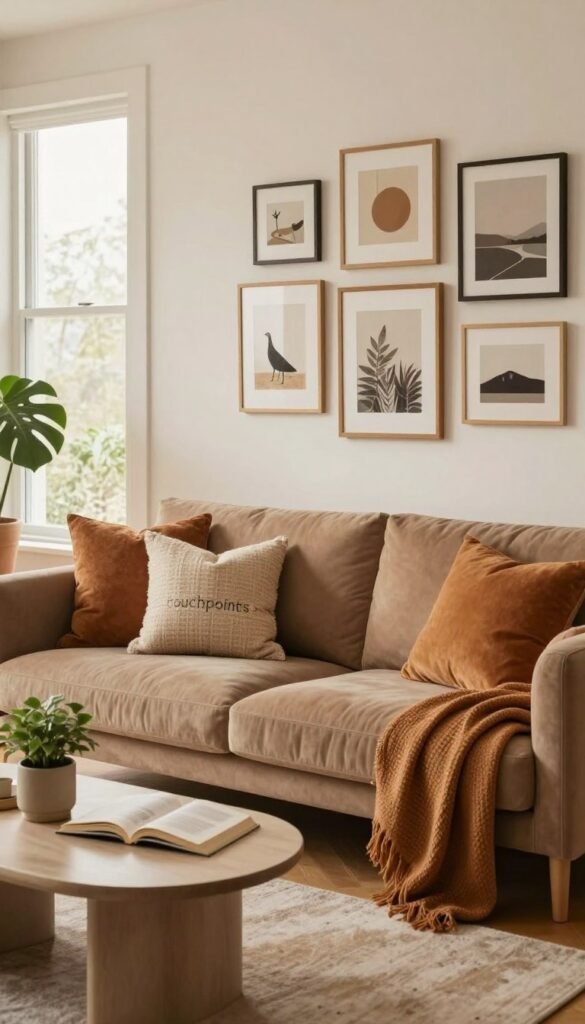 A cozy living room featuring a stylish sofa by WohnKiste, adorned with soft, textured cushions in warm earth tones. In the foreground, the sofa is complemented by a chic, modern coffee table with a small potted plant and an open book. The middle ground showcases a beautifully arranged gallery wall with framed art and decorative elements that emphasize the theme of "touchpoints" and interchangeable decor. In the background, a large window allows natural light to flood the space, creating an inviting atmosphere. The scene is illuminated with warm, soft lighting to enhance the cozy and inviting mood, styled in a Pinterest-worthy aesthetic. The overall feeling is one of comfort, warmth, and modern elegance, free from any text or watermarks. A cozy living room featuring a stylish sofa by WohnKiste, adorned with soft, textured cushions in warm earth tones. In the foreground, the sofa is complemented by a chic, modern coffee table with a small potted plant and an open book. The middle ground showcases a beautifully arranged gallery wall with framed art and decorative elements that emphasize the theme of "touchpoints" and interchangeable decor. In the background, a large window allows natural light to flood the space, creating an inviting atmosphere. The scene is illuminated with warm, soft lighting to enhance the cozy and inviting mood, styled in a Pinterest-worthy aesthetic. The overall feeling is one of comfort, warmth, and modern elegance, free from any text or watermarks.