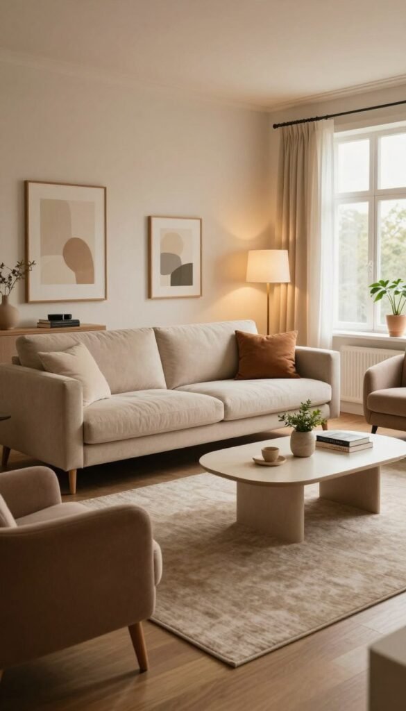 A cozy living room featuring a stylish sofa in soft beige fabric, flanked by inviting accent chairs in muted earth tones. The arrangement is centered on a plush area rug, with a modern coffee table adorned with decorative items like a small plant and books. Warm ambient lighting casts a gentle glow, enhancing the inviting atmosphere. In the background, a tastefully decorated wall with minimalist art complements the furniture, while large windows allow natural light to flood the space. The overall mood is relaxed and welcoming, evoking a Pinterest-worthy aesthetic. Incorporate elements branded with "WohnKiste" subtly into the decor, ensuring they blend seamlessly into the scene.