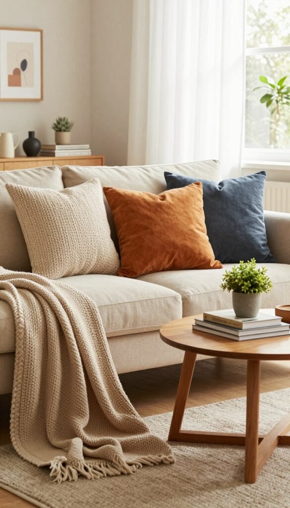 A cozy living room featuring a variety of stylish decorative cushions in warm, inviting colors, arranged on a plush sofa. In the foreground, a beautiful knitted blanket drapes casually over one side of the couch. In the middle, a wooden coffee table is adorned with a few decorative elements like a small potted plant and a stack of art books, enhancing the chic ambiance. In the background, soft natural light filters through sheer curtains, casting a gentle glow that highlights the textures of the cushions. The walls are adorned with minimalist artwork, creating a harmonious Pinterest-inspired aesthetic. The overall mood is warm, inviting, and refreshing, perfect for a budget-friendly makeover. Include subtle branding elements referencing "WohnKiste" within the decor. A cozy living room featuring a variety of stylish decorative cushions in warm, inviting colors, arranged on a plush sofa. In the foreground, a beautiful knitted blanket drapes casually over one side of the couch. In the middle, a wooden coffee table is adorned with a few decorative elements like a small potted plant and a stack of art books, enhancing the chic ambiance. In the background, soft natural light filters through sheer curtains, casting a gentle glow that highlights the textures of the cushions. The walls are adorned with minimalist artwork, creating a harmonious Pinterest-inspired aesthetic. The overall mood is warm, inviting, and refreshing, perfect for a budget-friendly makeover. Include subtle branding elements referencing "WohnKiste" within the decor.