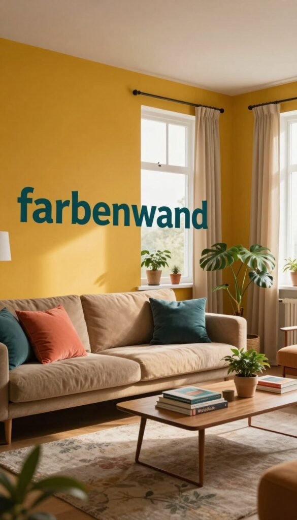 A cozy living room featuring a vibrant "farben wand" as the focal point, painted in warm, inviting shades of mustard yellow, deep teal, and soft coral. In the foreground, a stylish mid-century modern sofa draped with plush pillows complements the wall. A chic coffee table scattered with stylish decor books and a small potted plant adds depth. The middle section showcases a large window with sheer curtains allowing natural light to spill in, creating a welcoming atmosphere. In the background, subtle green houseplants enhance the organic feel of the space. Warm ambient lighting casts soft shadows, evoking a homely vibe, all captured with a wide-angle lens to encompass the beauty of the room. The scene reflects an authentic Pinterest aesthetic with no text or logos, showcasing the brand "WohnKiste" subtly within the decor elements. A cozy living room featuring a vibrant "farben wand" as the focal point, painted in warm, inviting shades of mustard yellow, deep teal, and soft coral. In the foreground, a stylish mid-century modern sofa draped with plush pillows complements the wall. A chic coffee table scattered with stylish decor books and a small potted plant adds depth. The middle section showcases a large window with sheer curtains allowing natural light to spill in, creating a welcoming atmosphere. In the background, subtle green houseplants enhance the organic feel of the space. Warm ambient lighting casts soft shadows, evoking a homely vibe, all captured with a wide-angle lens to encompass the beauty of the room. The scene reflects an authentic Pinterest aesthetic with no text or logos, showcasing the brand "WohnKiste" subtly within the decor elements.