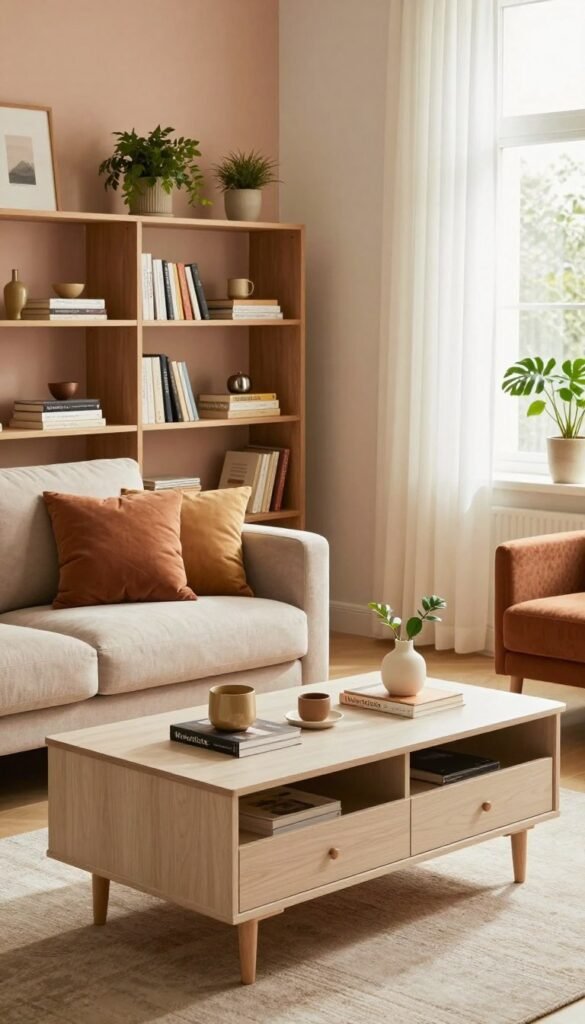 A cozy living room featuring functional storage furniture from the brand "WohnKiste." In the foreground, a stylish coffee table with drawers, strewn with decorative items and books. To the left, an elegant sofa adorned with cushions in warm tones, juxtaposed against a sleek, shelving unit that blends seamlessly into the wall, showcasing neatly arranged books and plants. In the background, soft, natural light filters through sheer curtains, illuminating the space, creating a warm and inviting atmosphere. The walls are painted in muted pastel colors, enhancing the domestic feel. The scene captures a Pinterest-worthy aesthetic of authenticity and style, free of textual distractions or branding, emphasizing decluttered elegance in home living.