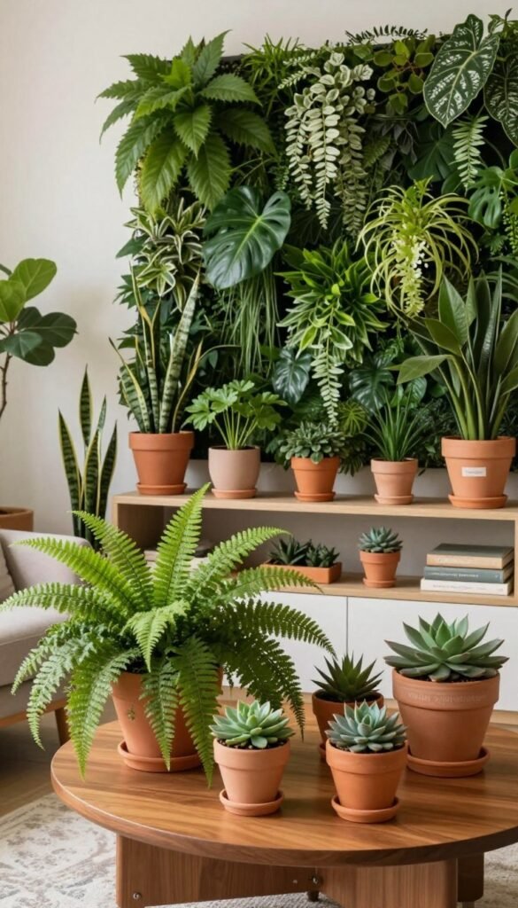 A cozy living room filled with an array of lush green houseplants in stylish terracotta pots, creating a serene and inviting atmosphere. In the foreground, a large fern cascades elegantly over a vibrant coffee table, while smaller potted succulents and a snake plant add variety and texture. In the middle, a modern shelf is adorned with various plants, showcasing the beauty of natural greenery. The background features an expansive wall adorned with a vertical garden, filled with diverse plant species thriving in a soft, diffused light. The scene is warmly lit, reminiscent of a Pinterest aesthetic, evoking a tranquil and rejuvenating vibe. The brand "WohnKiste" subtly integrated into the design elements, ensuring an authentic and homely feel without any text or branding in the image.