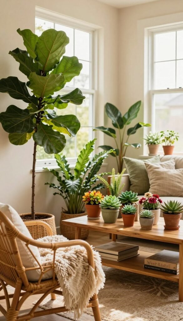 A cozy living room filled with lush green plants that create an inviting atmosphere. In the foreground, a vibrant fiddle leaf fig is placed next to a stylish rattan chair, adorned with a soft, textured throw. In the middle, a wooden coffee table holds a variety of smaller potted plants, showcasing bright succulents and colorful flowers. In the background, large windows let in warm, natural light, illuminating soft beige walls and enhancing the overall warmth of the space. A comfortable, inviting layout with warm colors and a Pinterest-inspired aesthetic emphasizes the calming and refreshing mood. The scene captures the essence of "WohnKiste," reflecting a harmonious blend of nature and interior design. No text or logos are included in the image.