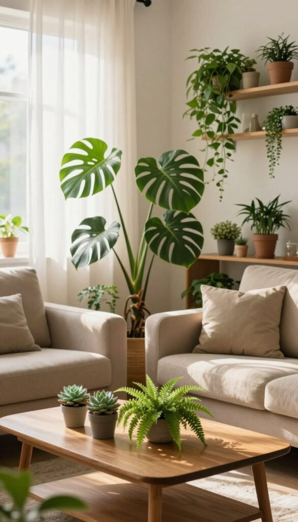 A cozy living room filled with various indoor plants, showcasing harmony and tranquility. In the foreground, a sleek wooden coffee table adorned with succulents and a delicate fern. In the middle ground, a tall, leafy monstera plant beside a comfortable beige sofa, with sunlight filtering through sheer curtains, creating gentle warmth. The background features a tall shelf with a mix of vibrant hanging plant arrangements and small potted herbs. The lighting is soft and inviting, enhancing the warm color palette, reminiscent of Pinterest aesthetics, highlighting the serene atmosphere. The overall mood is fresh and uplifting, making the space feel alive and connected to nature. No text, watermarks, or signatures included. Brand name "WohnKiste" subtly implied in the decor style.