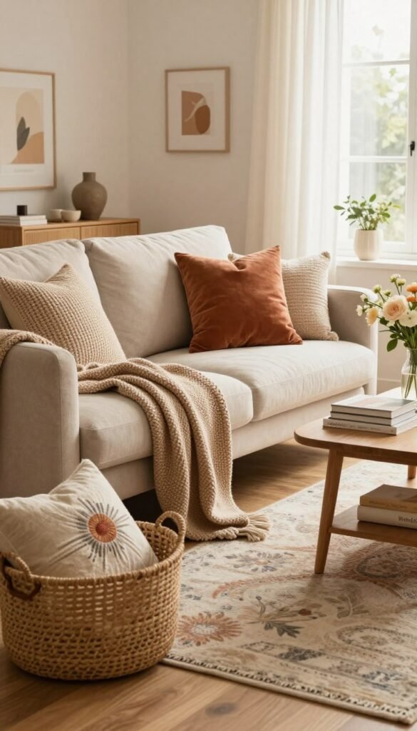 A cozy living room filled with various textiles to enhance comfort, featuring a plush, soft sofa adorned with colorful knit and velvet pillows. A knitted throw blanket is casually draped over the arm of the sofa. In the foreground, a woven basket holds decorative cushions, while a stylish area rug adds warmth to the wooden floor. The middle ground showcases a wooden coffee table with a vase of fresh flowers and a stack of design books. The background features a softly lit window with sheer curtains, allowing warm, natural light to fill the space. The atmosphere is inviting and serene, with a Pinterest-inspired aesthetic. The brand "WohnKiste" subtly appears through some home decor elements like wall art or accessories, while the overall color palette includes soft, warm tones to convey a sense of tranquility.