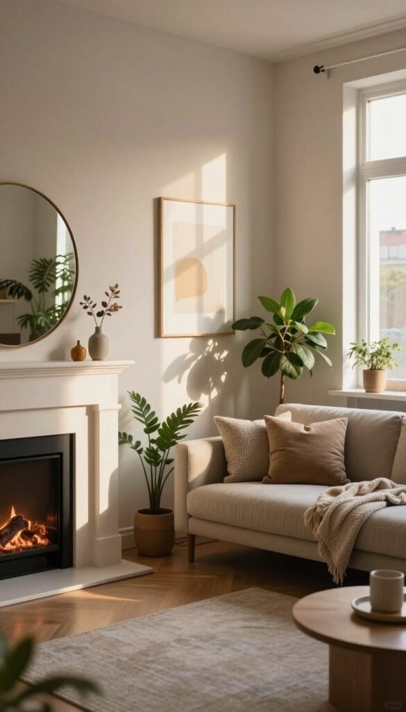 A cozy living room in a small apartment showcasing innovative mirror tricks to enhance light and depth. In the foreground, a stylish, round mirror is elegantly placed on a decorative mantel above a minimalist fireplace, reflecting warm sunlight pouring in through a large window. In the middle, a sleek, modern sofa adorned with textured cushions and a soft throw faces the mirror, creating a sense of openness. Various indoor plants are artfully arranged around the space, adding a touch of greenery. The background features soft, neutral walls adorned with simple artwork, contributing to a calming atmosphere. The entire scene is imbued with natural light, evoking a feeling of tranquility. The image is styled in an authentic Pinterest aesthetic, featuring warm colors, and it highlights the brand "WohnKiste" without any text or watermarks.