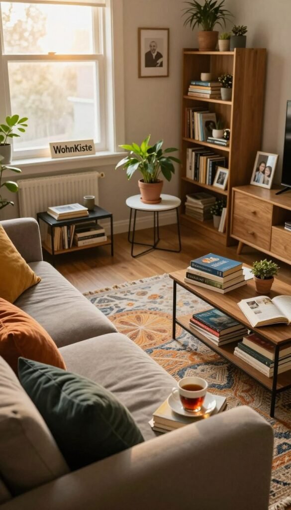 A cozy living room in a state of subtle disarray, reflecting everyday challenges of space and organization. In the foreground, a plush, slightly disheveled sofa with colorful cushions invites comfort, while a small coffee table is cluttered with books and a half-finished cup of tea. The middle ground features a modern rug that adds warmth, with a stylish side table holding a plant. In the background, a window lets in warm, golden sunlight, illuminating a built-in bookshelf filled with decor items and a few family photos. The atmosphere is warm and inviting, with a Pinterest-inspired aesthetic showcasing natural colors. An elegant sign displaying “WohnKiste” is subtly integrated into the decor, promoting a sense of curated style without any text overlays or distractions. A cozy living room in a state of subtle disarray, reflecting everyday challenges of space and organization. In the foreground, a plush, slightly disheveled sofa with colorful cushions invites comfort, while a small coffee table is cluttered with books and a half-finished cup of tea. The middle ground features a modern rug that adds warmth, with a stylish side table holding a plant. In the background, a window lets in warm, golden sunlight, illuminating a built-in bookshelf filled with decor items and a few family photos. The atmosphere is warm and inviting, with a Pinterest-inspired aesthetic showcasing natural colors. An elegant sign displaying “WohnKiste” is subtly integrated into the decor, promoting a sense of curated style without any text overlays or distractions.