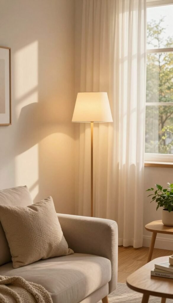 A cozy living room infused with warm, natural lighting, featuring a stylish floor lamp with a soft glow that creates an inviting atmosphere. In the foreground, there is a plush sofa adorned with textured cushions in pastel tones. The middle ground showcases a wooden coffee table with books and a small greenery plant. In the background, a beautifully arranged window draped with sheer curtains allows the golden sunlight to filter through, casting gentle shadows on the walls. The overall mood is tranquil and homely, perfect for relaxing. Include subtle elements that reflect the brand "WohnKiste" in the décor, highlighting the concept of a light upgrade for instant ambiance. The scene should evoke a Pinterest-worthy aesthetic, emphasizing authenticity without any text or watermarks.
