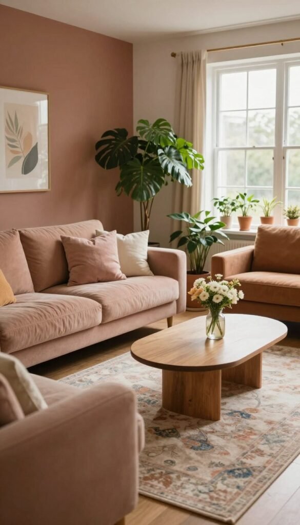 A cozy living room inspired by "WohnKiste," showcasing a harmonious color palette that promotes tranquility and atmosphere. In the foreground, a plush sofa in soft earth tones is adorned with pastel-colored cushions. A stylish coffee table holds a small vase with fresh flowers. In the middle, a beautiful area rug with gentle patterns anchors the space, while lush houseplants add a touch of nature. The background features warm, muted wall colors, illuminated by natural light streaming through large windows, enhancing the inviting vibe. This scene conveys a sense of calm and comfort, with a Pinterest-inspired aesthetic, focusing on authentic design elements and no text overlays.
