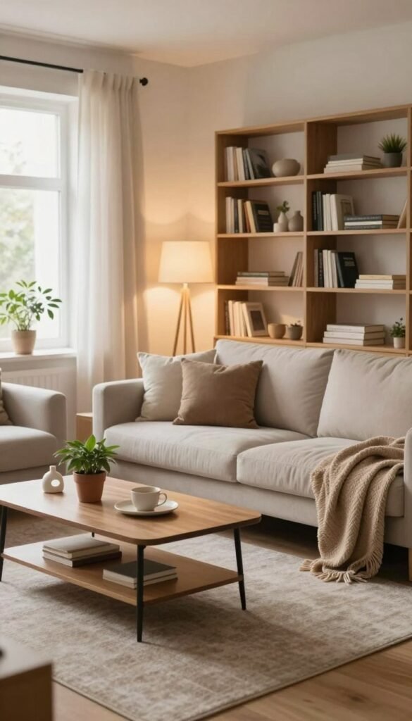 A cozy living room interior, designed by WohnKiste, showcases practical solutions to common household chaos. In the foreground, a stylish, clutter-free coffee table holds a few carefully arranged decor items, such as a soft, warm throw blanket and a small potted plant. The middle ground features a comfortable sofa adorned with neutral-toned cushions, inviting and serene. Strategic lighting from a nearby floor lamp casts a warm glow, enhancing the relaxing atmosphere, while window light softly filters in, creating a blend of natural brightness. In the background, neatly organized bookshelves and a minimalist area rug add a sense of space, conveying a well-designed room that effectively addresses typical everyday issues like disorder and limited space. The overall mood is tranquil, inviting viewers to imagine a harmonious living space.