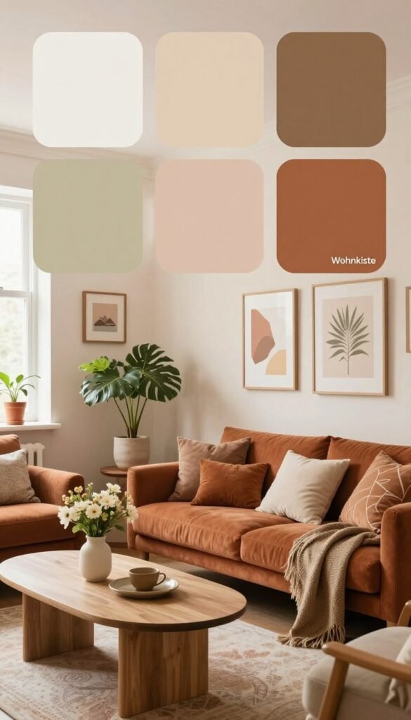 A cozy living room interior designed with seven harmonious color palettes, ideal for everyday living. In the foreground, a stylish coffee table with a small vase of fresh flowers, and a thoughtfully arranged seating area featuring a comfortable sofa adorned with cushions in rich earth tones. The middle section displays a wall painted in soft pastel shades, accented by tasteful artwork and decorative plants. In the background, a window allowing warm, natural light to flood the space, enhancing the inviting atmosphere. The scene should reflect a modern yet homely feel, with the brand name "Wohnkiste" subtly integrated into the design. Capture the essence of stylish living with a warm, Pinterest-like aesthetic, emphasizing natural colors and authenticity without any text or overlays.