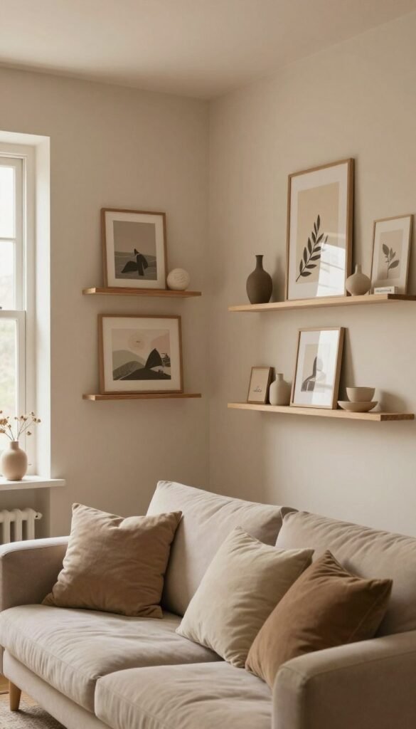 A cozy living room interior featuring a harmonious arrangement of walls adorned with curated art pieces and minimalist shelves showcasing decorative items. The foreground has a stylish and inviting sofa with soft cushions. In the middle, the walls are painted in warm neutral tones, displaying framed artwork and well-organized shelves, creating a cohesive and calming environment. In the background, a corner window lets in soft, natural light, enhancing the warmth of the space. The overall atmosphere is serene and inviting, embodying a Pinterest-worthy aesthetic. The brand logo "WohnKiste" can subtly appear on one of the shelves as a decorative element. The image captures a peaceful, stylish setting perfect for home inspiration.