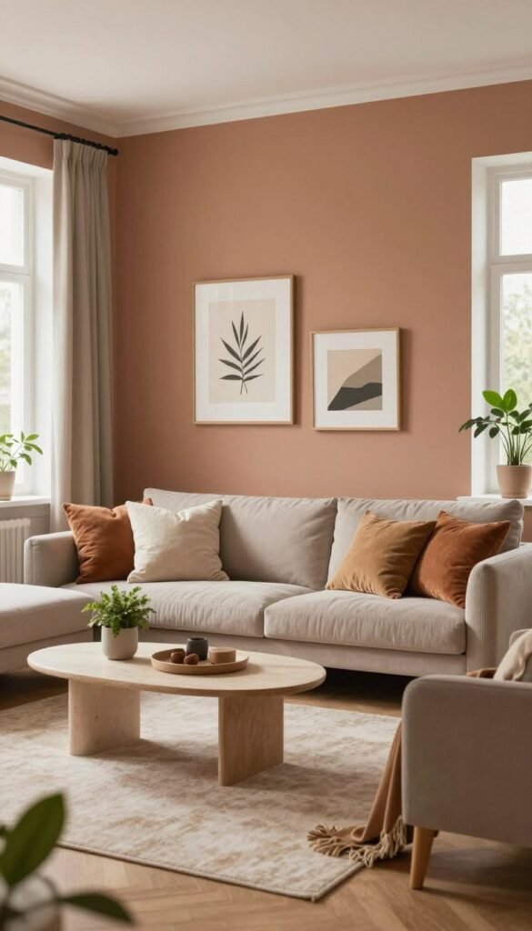 A cozy living room interior featuring an accent wall painted in warm earthy tones. The foreground showcases a stylish, modern sofa adorned with plush cushions in complementary colors. In the middle, a decorative coffee table is placed on a soft rug, surrounded by small potted plants that add a touch of greenery. The background reveals a serene view of the accent wall, elegantly decorated with tasteful art pieces and soft lighting that creates a calming atmosphere. Natural light filters in through large windows, enhancing the inviting feel of the space. Focus on a clean, Pinterest-inspired aesthetic in a minimalist style, emphasizing authenticity. Incorporate subtle branding elements of "WohnKiste" in the decor, ensuring no text overlays or watermarks are present.