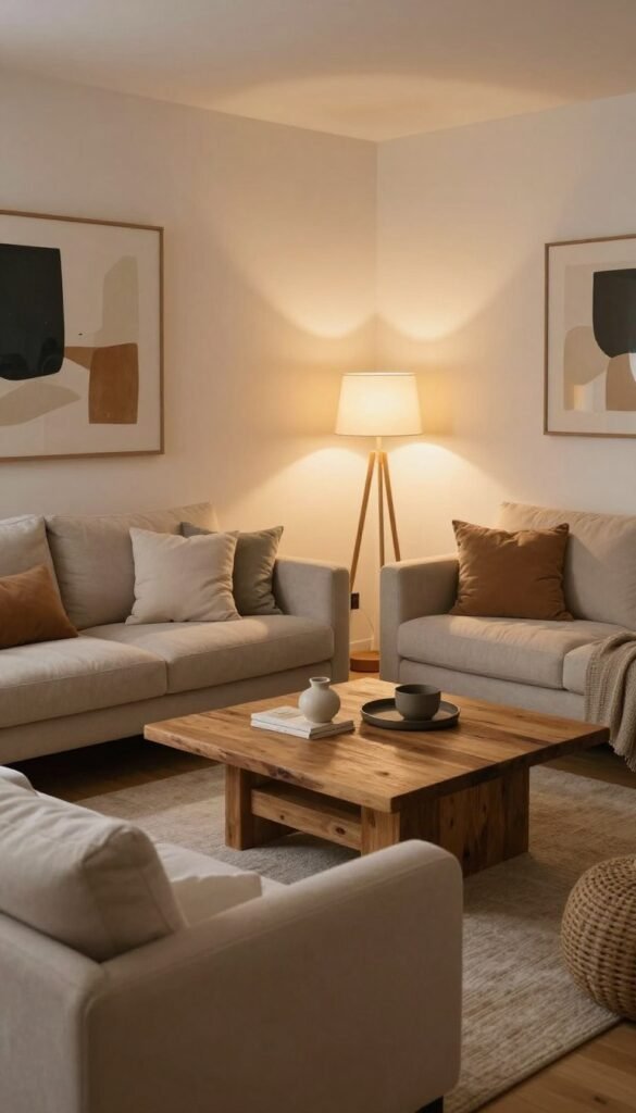 A cozy living room interior that embodies modern decor concepts, specifically designed to convey a sense of tranquility despite a potential feeling of unrest. In the foreground, a plush sofa in soft, beige fabric adorned with pastel throw pillows. A stylish coffee table made of reclaimed wood sits at the center, surrounded by a few artfully arranged decor items. In the middle, an open layout features warm lighting from a statement floor lamp, creating inviting shadows that enhance the space's warmth. The background shows an abstract wall art piece that adds character without overwhelming the senses. Utilize a warm color palette reminiscent of natural materials. The image should reflect a Pinterest-like aesthetic, capturing a lived-in yet curated look, without any text or branding visible, except for a subtle hint of "WohnKiste" in decor elements.