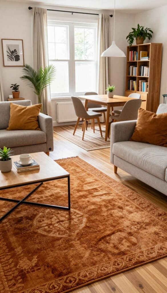 A cozy living room layout featuring stylish teppiche, strategically placed to define different areas. In the foreground, a plush area rug in warm earth tones enhances the seating area with a comfortable sofa and armchairs nestled around a low coffee table. In the middle, a tasteful dining nook is separated by a textured runner that adds visual interest without overwhelming the space. The background showcases a well-lit room filled with soft natural light streaming through large windows adorned with light curtains. A contemporary bookshelf and indoor plants create a serene atmosphere, perfect for relaxation. The scene has a Pinterest-inspired aesthetic, embodying authenticity with vibrant yet warm colors. The brand name "WohnKiste" subtly integrated into the design, capturing the essence of functional and inviting living spaces. A cozy living room layout featuring stylish teppiche, strategically placed to define different areas. In the foreground, a plush area rug in warm earth tones enhances the seating area with a comfortable sofa and armchairs nestled around a low coffee table. In the middle, a tasteful dining nook is separated by a textured runner that adds visual interest without overwhelming the space. The background showcases a well-lit room filled with soft natural light streaming through large windows adorned with light curtains. A contemporary bookshelf and indoor plants create a serene atmosphere, perfect for relaxation. The scene has a Pinterest-inspired aesthetic, embodying authenticity with vibrant yet warm colors. The brand name "WohnKiste" subtly integrated into the design, capturing the essence of functional and inviting living spaces.