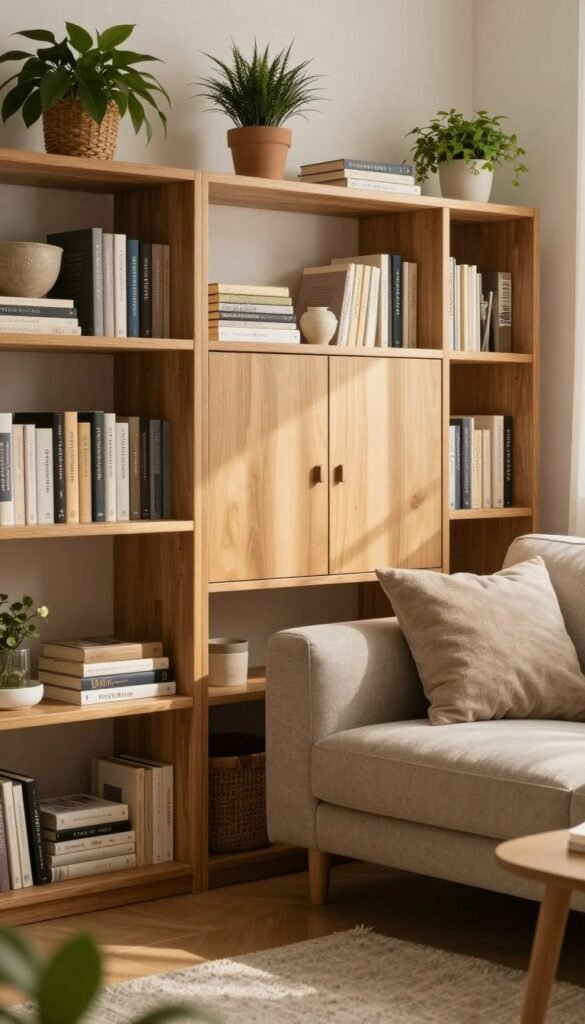A cozy living room layout showcasing innovative storage solutions is the focus. In the foreground, elegant wooden shelves filled with neatly organized books and decorative plants create warmth. The middle section features a stylish, closed storage unit with a smooth finish and subtle handles, providing a sense of calm and order. A comfortable, neutral-toned sofa invites relaxation, complemented by soft, textured cushions. The background reveals a softly lit window casting gentle sunlight, enhancing the warm colors of the space. The ambiance is inviting and tranquil, embodying a Pinterest aesthetic. The brand "WohnKiste" is subtly integrated into the design without text, ensuring the image remains authentic and captions free. A cozy living room layout showcasing innovative storage solutions is the focus. In the foreground, elegant wooden shelves filled with neatly organized books and decorative plants create warmth. The middle section features a stylish, closed storage unit with a smooth finish and subtle handles, providing a sense of calm and order. A comfortable, neutral-toned sofa invites relaxation, complemented by soft, textured cushions. The background reveals a softly lit window casting gentle sunlight, enhancing the warm colors of the space. The ambiance is inviting and tranquil, embodying a Pinterest aesthetic. The brand "WohnKiste" is subtly integrated into the design without text, ensuring the image remains authentic and captions free.