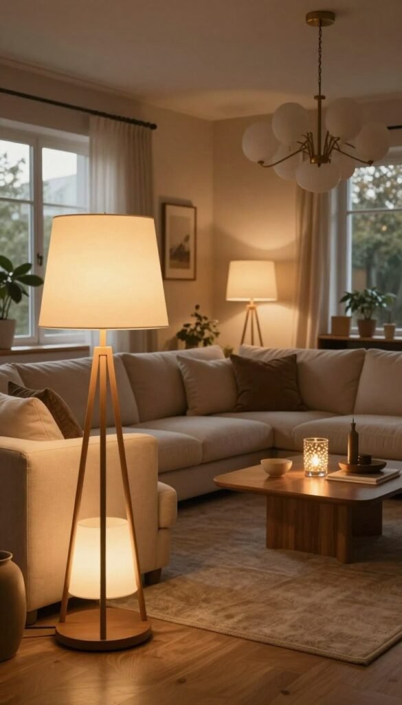 A cozy living room scene designed by WohnKiste, featuring a variety of innovative lighting sources. In the foreground, a stylish floor lamp with a warm glow complements a soft, inviting sofa adorned with plush cushions. The middle section showcases a coffee table with a few scattered decorative items and a beautiful glass candle holder casting flickering light. In the background, a modern chandelier hangs from the ceiling, radiating soft light throughout the space. The walls are painted in warm, earthy tones, enhancing the inviting atmosphere. Large windows let in natural light, adding to the overall warmth. The mood is tranquil and inspiring, perfect for relaxation and creativity, with a Pinterest-worthy aesthetic of natural decor and warm colors.
