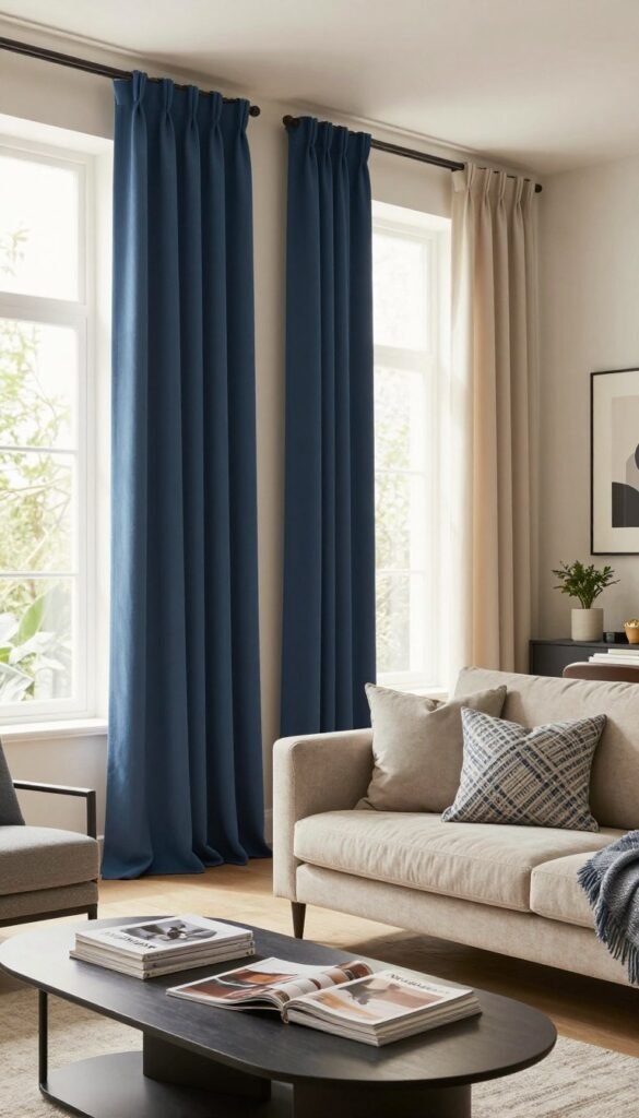 A cozy living room scene designed for the perfect curtains selection, showcasing a variety of curtain styles and colors that harmonize with modern décor. In the foreground, a rich tapestry of deep blue and soft beige curtains elegantly drapes from large windows, softly filtering natural light. In the middle, a plush sofa adorned with patterned throw pillows complements a stylish coffee table scattered with home decor magazines. The background reveals a minimalist wall adorned with artwork and tasteful plants, creating a warm and inviting atmosphere. The lighting is soft and ambient, creating a serene mood typical of Pinterest aesthetics. The scene reflects a sense of authenticity and comfort, with no text or watermarks, embodying the brand “WohnKiste.”