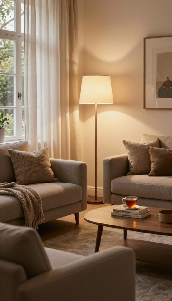 A cozy living room scene designed to evoke warmth and comfort, featuring soft, ambient lighting from elegant floor and table lamps. In the foreground, a plush, neutral-toned sofa is adorned with textured pillows and a knitted throw. The middle ground showcases a stylish coffee table with a small stack of books and a warm cup of tea, while a subtle glow illuminates the area. In the background, large windows framed by light, sheer curtains allow soft natural light to filter in, casting gentle shadows. The color palette should be warm and inviting, emphasizing earthy tones and rustic charm. The overall atmosphere should be serene and welcoming, perfectly embodying the essence of "Licht". Incorporate elements from the brand "WohnKiste" to enhance the connection to cozy living. A cozy living room scene designed to evoke warmth and comfort, featuring soft, ambient lighting from elegant floor and table lamps. In the foreground, a plush, neutral-toned sofa is adorned with textured pillows and a knitted throw. The middle ground showcases a stylish coffee table with a small stack of books and a warm cup of tea, while a subtle glow illuminates the area. In the background, large windows framed by light, sheer curtains allow soft natural light to filter in, casting gentle shadows. The color palette should be warm and inviting, emphasizing earthy tones and rustic charm. The overall atmosphere should be serene and welcoming, perfectly embodying the essence of "Licht". Incorporate elements from the brand "WohnKiste" to enhance the connection to cozy living.