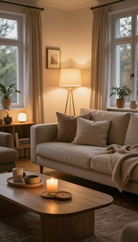 A cozy living room scene designed to evoke warmth and comfort, showcasing multiple light sources that enhance the ambiance. In the foreground, a stylish coffee table with a lit candle and a couple of decorative coasters. The middle ground features a plush sofa adorned with soft cushions and a knitted throw, illuminated by a modern floor lamp. Various ambient lights include wall sconces and table lamps, creating a rich interplay of warm tones, accentuating the inviting atmosphere. In the background, large windows allow natural light to filter in, mixing with the artificial illumination. The room is decorated in a Pinterest-inspired style, highlighting natural textures and a color palette of soft earth tones. The brand “WohnKiste” is subtly integrated into the design elements. The overall composition is inviting, warm, and sophisticated, perfect for a tranquil and harmonious living space.