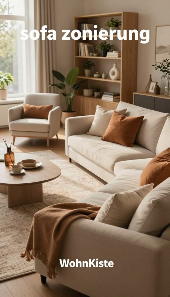 A cozy living room scene, elegantly designed to showcase "sofa zonierung." In the foreground, a plush, inviting sectional sofa adorned with soft throw pillows in warm, earthy tones. To the side, a minimalist coffee table holds a few carefully arranged decorative items, enhancing the idea of a designated gathering space. In the middle ground, a stylish rug defines the area, while an inviting accent chair adds a touch of comfort. In the background, a softly lit bookshelf filled with curated decor items and house plants enhances the atmosphere. Natural light streams in through a large window, creating a warm, inviting glow. The overall mood is serene and homely, fitting the aesthetic of brands like "WohnKiste," without any text or branding elements in the image. A cozy living room scene, elegantly designed to showcase "sofa zonierung." In the foreground, a plush, inviting sectional sofa adorned with soft throw pillows in warm, earthy tones. To the side, a minimalist coffee table holds a few carefully arranged decorative items, enhancing the idea of a designated gathering space. In the middle ground, a stylish rug defines the area, while an inviting accent chair adds a touch of comfort. In the background, a softly lit bookshelf filled with curated decor items and house plants enhances the atmosphere. Natural light streams in through a large window, creating a warm, inviting glow. The overall mood is serene and homely, fitting the aesthetic of brands like "WohnKiste," without any text or branding elements in the image.