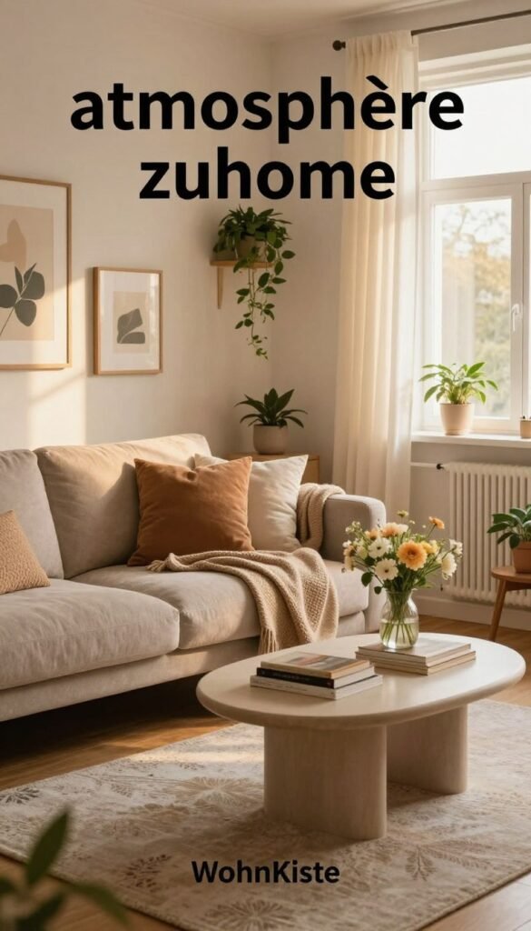 A cozy living room scene embodying "atmosphäre zuhause" with warm, natural colors and a Pinterest-inspired aesthetic. In the foreground, a stylish sofa adorned with soft cushions and a textured throw blanket. A small, elegant coffee table features a vase of fresh flowers and a stack of art books. The middle ground showcases a well-lit space, with tasteful wall art and hanging plants that enhance the cozy feel. A window in the background allows soft, golden light to filter through sheer curtains, illuminating the room. We see a delicate rug on a wooden floor, adding warmth to the setting. The overall atmosphere is inviting and authentic, radiating comfort. The brand name "WohnKiste" subtly integrated into the design elements, with no text overlays.