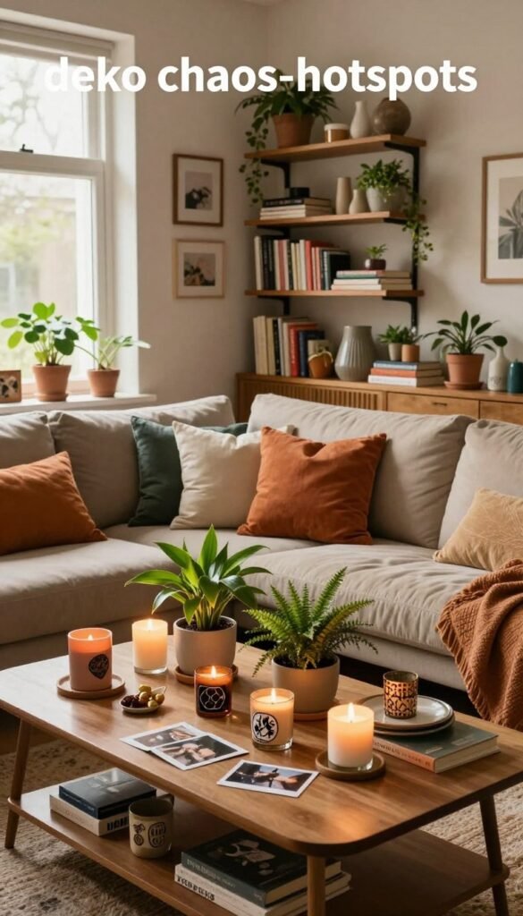 A cozy living room scene exemplifying 'deko chaos-hotspots', showcasing an appealing yet cluttered arrangement. In the foreground, a chic coffee table is scattered with an assortment of decorative objects: mismatched candles, personal photographs, and vibrant plants, all bathed in warm, natural light. The middle layer features a cozy sofa adorned with colorful cushions, surrounded by stylish but overflowing bookshelves filled with various decor items and books, hinting at a lived-in charm. In the background, a window lets in soft sunlight, illuminating the space and highlighting a touch of greenery outside. The atmosphere is warm and inviting, capturing the essence of everyday decoration struggles. Designed in a Pinterest-inspired style, with earthy tones and a natural look, without any text or logos. Include the brand name 'WohnKiste' subtly integrated into the decor elements.