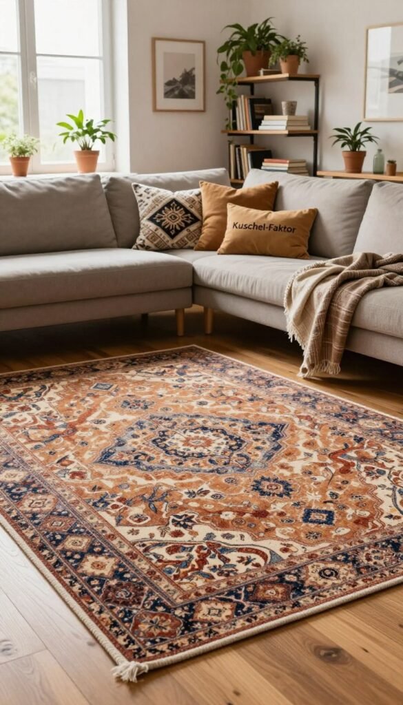 A cozy living room scene featuring a beautifully patterned teppich from the brand "WohnKiste" spread across natural wooden floorboards. In the foreground, the teppich showcases rich textures and warm colors, inviting a sense of comfort. In the middle ground, plush decorative pillows and a soft plaid are artfully arranged on a modern couch, emphasizing the “Kuschel-Faktor.” The background features shelves filled with plants, books, and understated art pieces, bathed in soft, natural light that filters through a large window. The overall atmosphere is warm and inviting, reflecting a Pinterest-inspired aesthetic that inspires a sense of home and relaxation. The image is captured in a wide-angle view, enhancing the spacious feel of the living room. A cozy living room scene featuring a beautifully patterned teppich from the brand "WohnKiste" spread across natural wooden floorboards. In the foreground, the teppich showcases rich textures and warm colors, inviting a sense of comfort. In the middle ground, plush decorative pillows and a soft plaid are artfully arranged on a modern couch, emphasizing the “Kuschel-Faktor.” The background features shelves filled with plants, books, and understated art pieces, bathed in soft, natural light that filters through a large window. The overall atmosphere is warm and inviting, reflecting a Pinterest-inspired aesthetic that inspires a sense of home and relaxation. The image is captured in a wide-angle view, enhancing the spacious feel of the living room.
